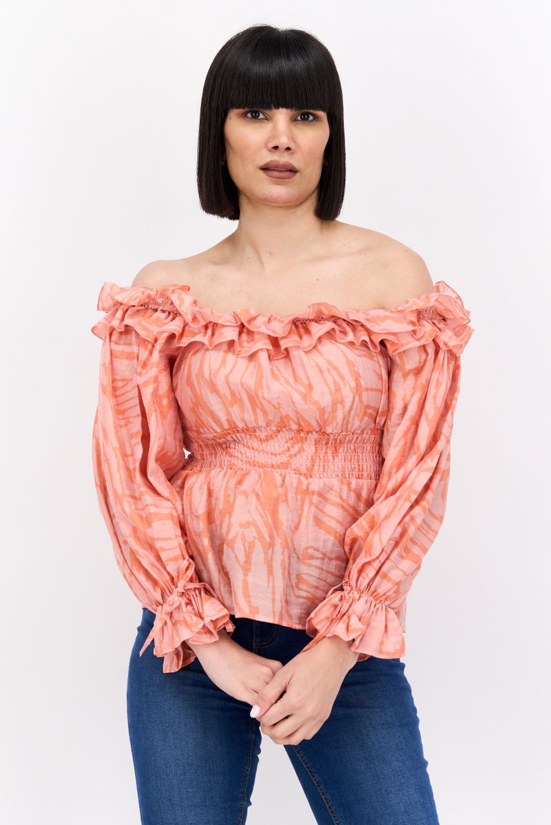 RIVER ISLAND Women Off Shoulder Neck Long Sleeve All Over Print Blouse, Light Orange - Image 1